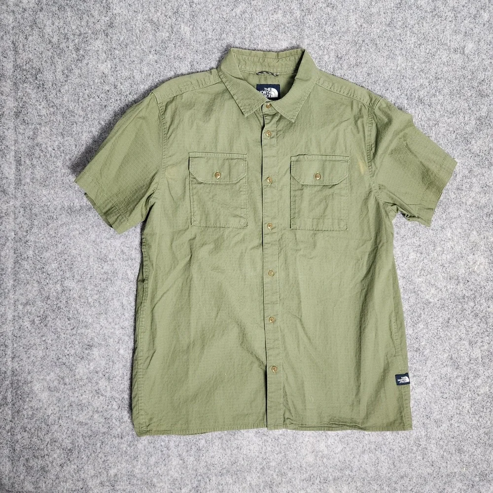 The North Face Button Up Shirt Men‎ L Green Short Sleeve Hiking Gorpcore Outdoor